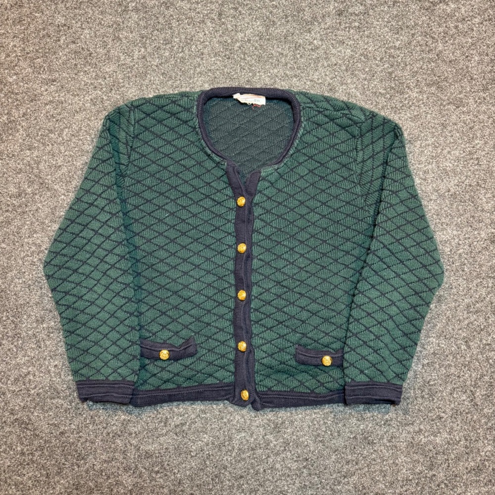 Vintage Talbots Cardigan Green Navy Quilted Knit Gold Crest Button Sweater